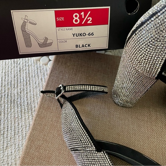 Black Rhinestones Shoes 8.5, black open toe chunky block platform heels - Picture 3 of 11